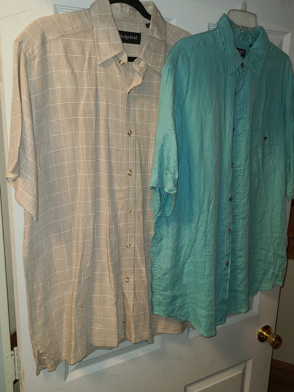 Sedgefield Beige Windowpane Button-Up&Roundtree & Yorke Teal Linen Shirts Size L